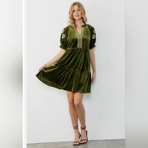Velvet Embroidered Babydoll Dress
